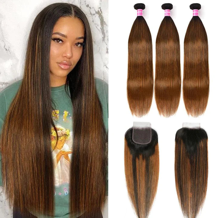 Ombre Balayage Highlights 4x4 Lace Closure with 3 Bundles Bone Straight Virgin Human Hair Weave with Closure Free Part