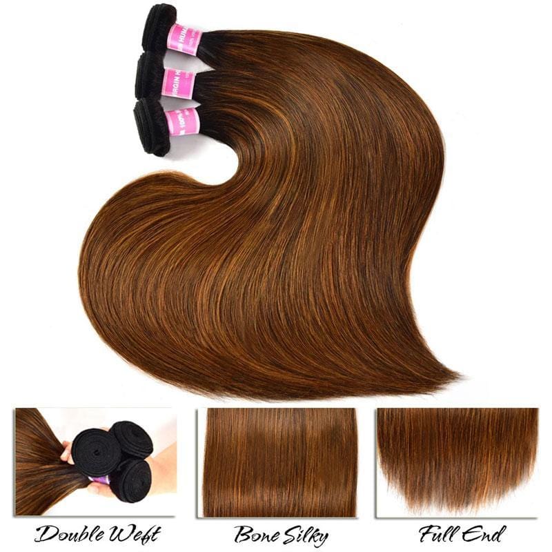 Ombre Balayage Highlights 4x4 Lace Closure with 3 Bundles Bone Straight Virgin Human Hair Weave with Closure Free Part