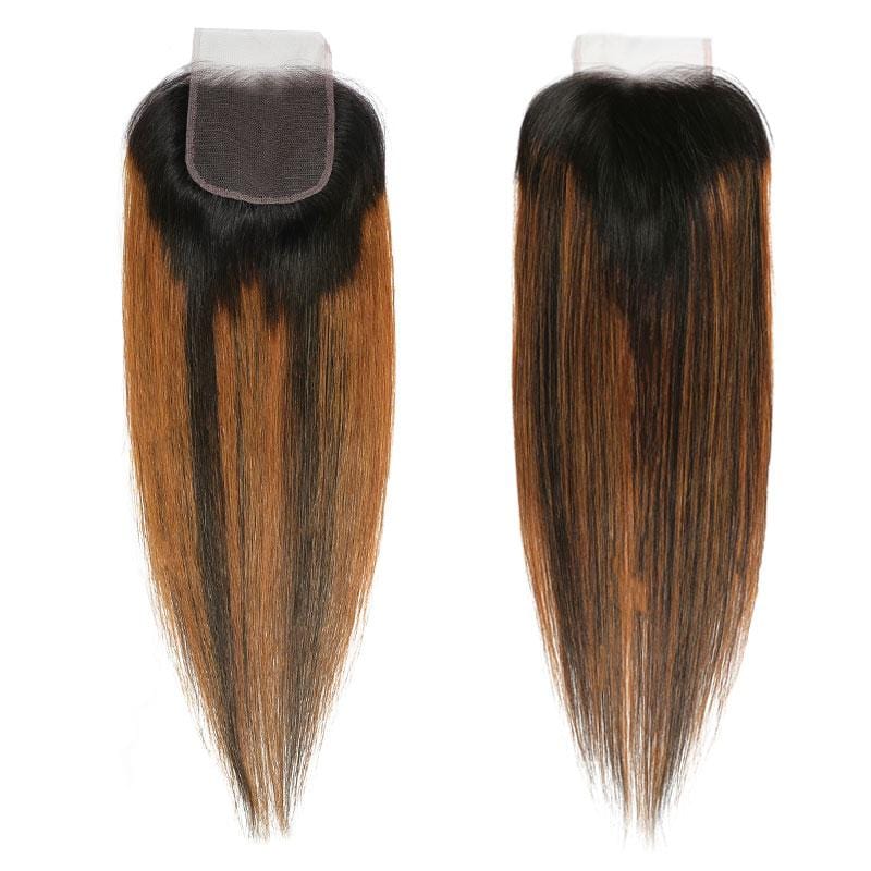 Ombre Balayage Highlights 4x4 Lace Closure with 3 Bundles Bone Straight Virgin Human Hair Weave with Closure Free Part