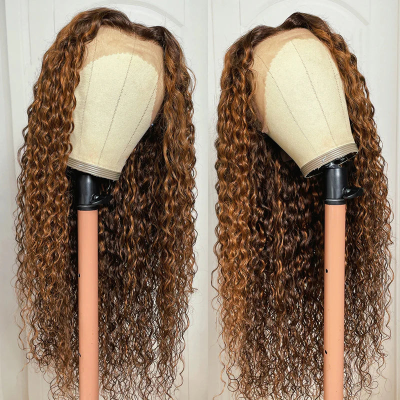 Ombre Highlight Piano Color 13x4 Lace Front Wig Brown Golden Human Hair Water Wave