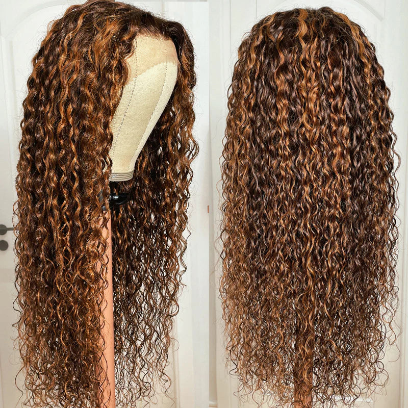 Ombre Highlight Piano Color 13x4 Lace Front Wig Brown Golden Human Hair Water Wave