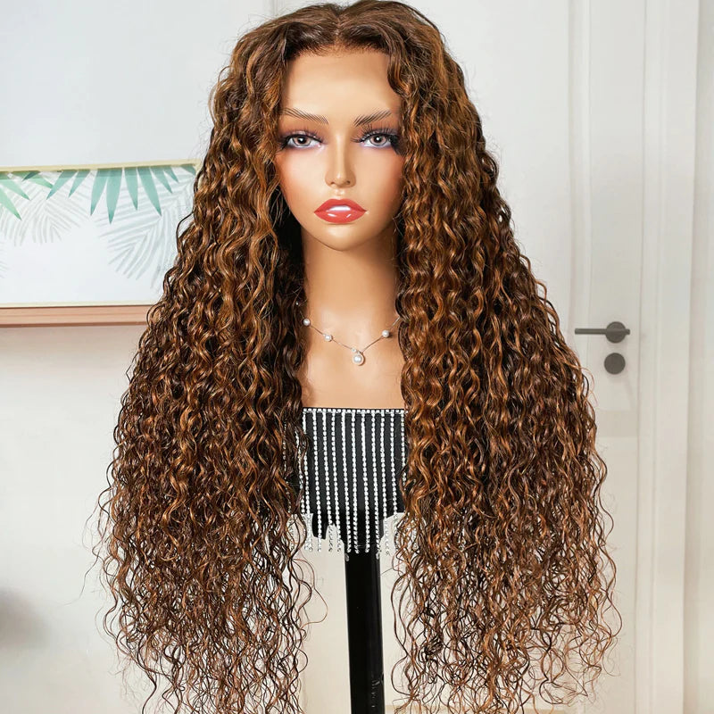 Ombre Highlight Piano Color 13x4 Lace Front Wig Brown Golden Human Hair Water Wave