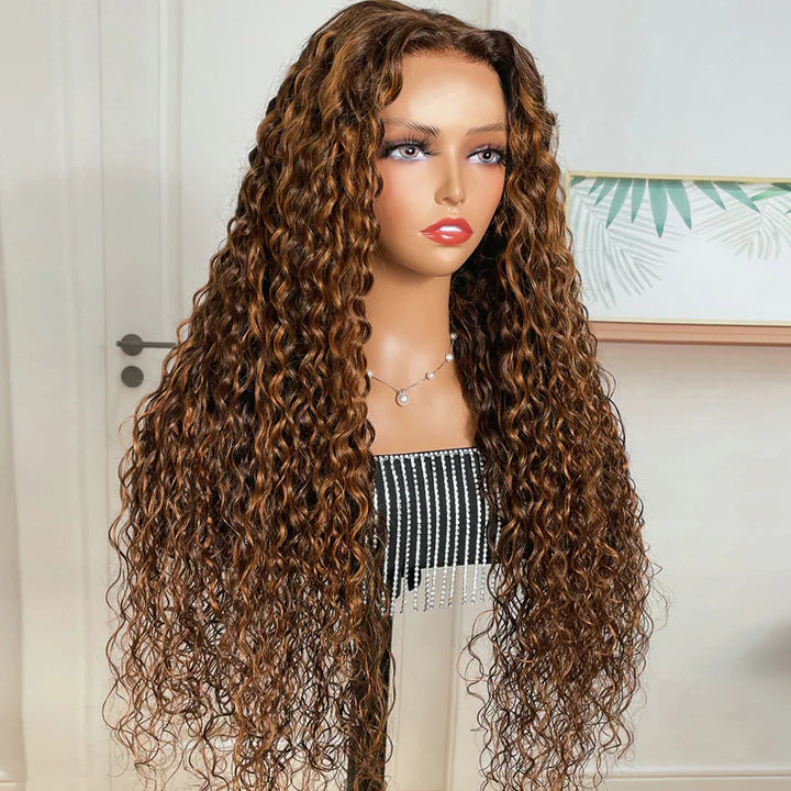 Ombre Highlight Piano Color 13x4 Lace Front Wig Brown Golden Human Hair Water Wave