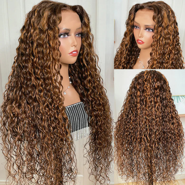 Ombre Highlight Piano Color 13x4 Lace Front Wig Brown Golden Human Hair Water Wave