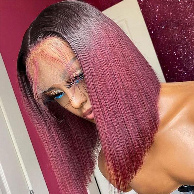 Short Straight Bob 4x4 Lace Closure Wigs Dark Roots with Ombre Red Color Human Hair Wigs