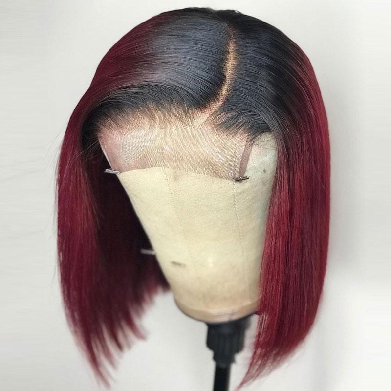 Short Straight Bob 4x4 Lace Closure Wigs Dark Roots with Ombre Red Color Human Hair Wigs