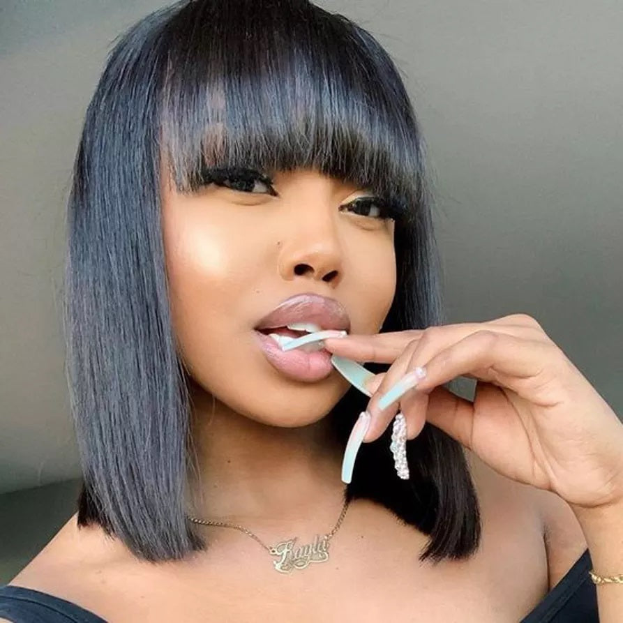 RoseHair 15A Brazilian Straight Hair Human Hair Wig Bob Wig With Free Part Bangs Machine Made Glueless Breathable Wig Supper Soft Affordable - Rose Hair