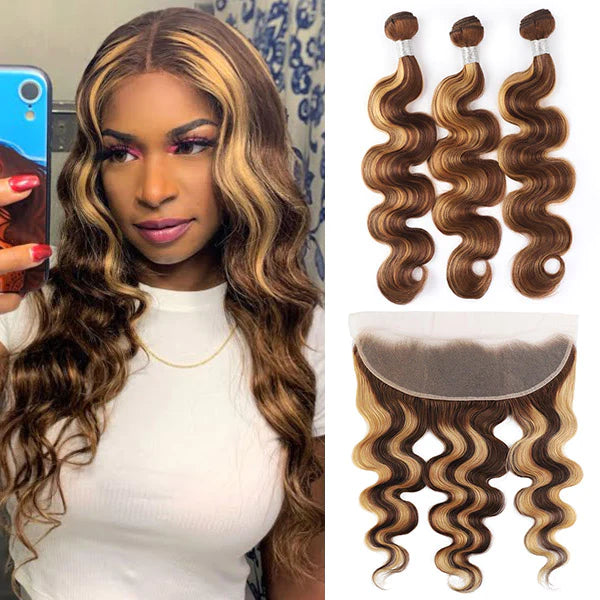 Honey Blonde Highlight Body Wave Hair 3 Bundles with 13x4 Lace Frontal P4/27