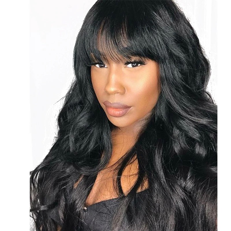 RoseHair 15A Brazilian Body Wave Human Hair Wig With Free Part Bangs Machine Made Glueless Breathable Wig Supper Soft Affordable - Rose Hair