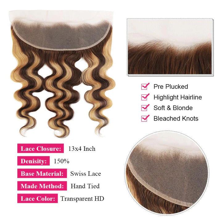 Honey Blonde Highlight Body Wave Hair 3 Bundles with 13x4 Lace Frontal P4/27