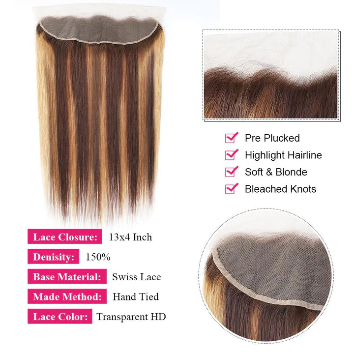 Honey Blonde Highlight Straight Human Hair Weave 3 Bundles with 13x4 Lace Frontal P4/27
