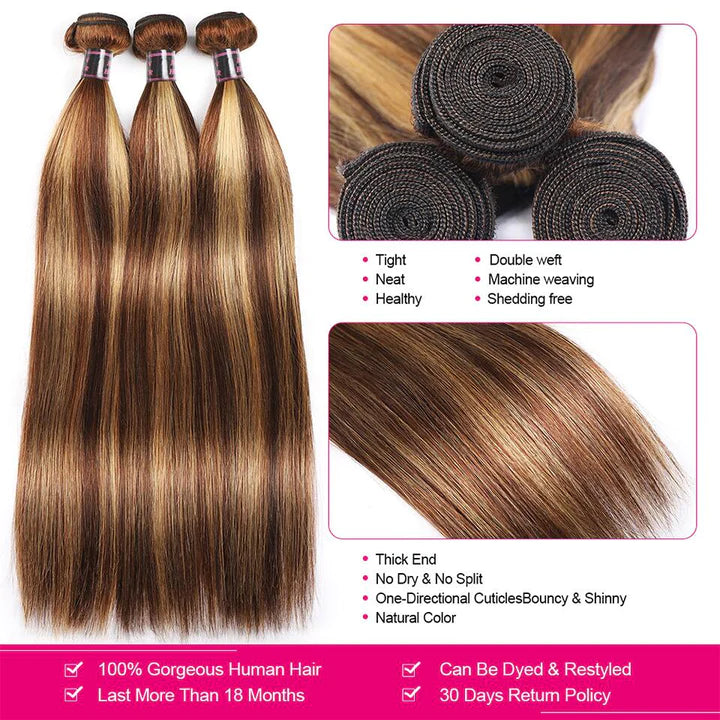 Honey Blonde Highlight Straight Human Hair Weave 3 Bundles with 13x4 Lace Frontal P4/27