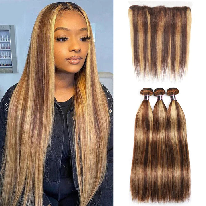 Honey Blonde Highlight Straight Human Hair Weave 3 Bundles with 13x4 Lace Frontal P4/27