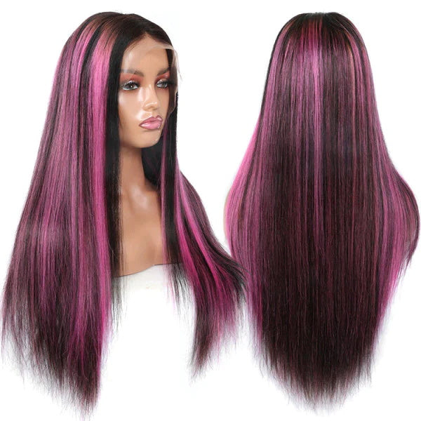 Rose Hair Red Purple Highlights Color Straight Hair 13x4 Lace Front Wig For Black Women