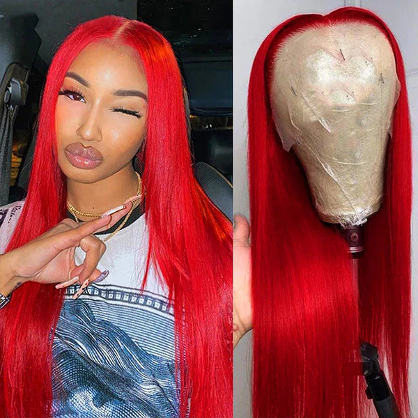 Rose Hair Red Color 13x4 HD Lace Front Human Hair Wigs Brazilian Straight Pre Plucked