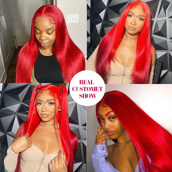 Rose Hair Red Color 13x4 HD Lace Front Human Hair Wigs Brazilian Straight Pre Plucked