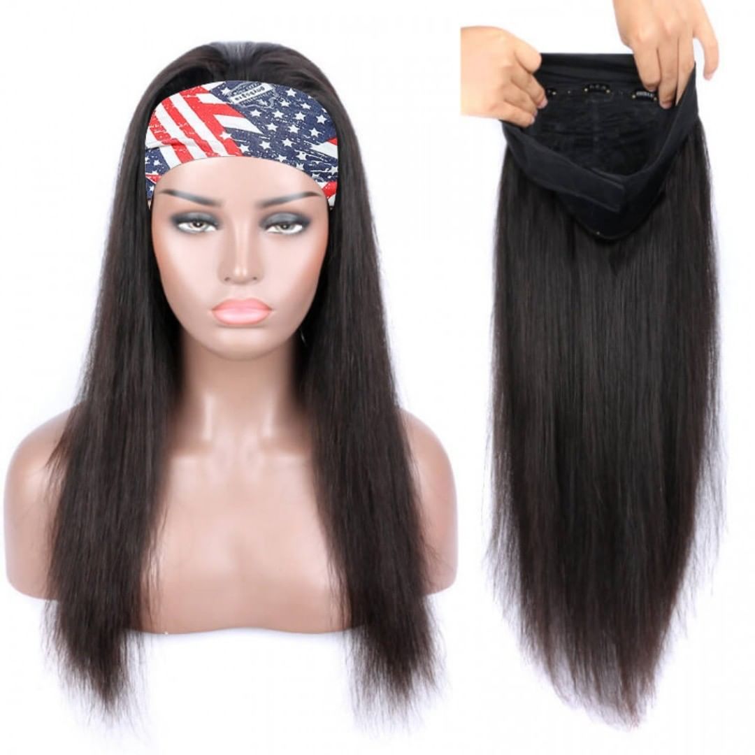 RoseHair Straight Hair Headband Wig Glueless Human Hair Wig With Pre-attached Scarf Half Wig 150% Density - Rose Hair