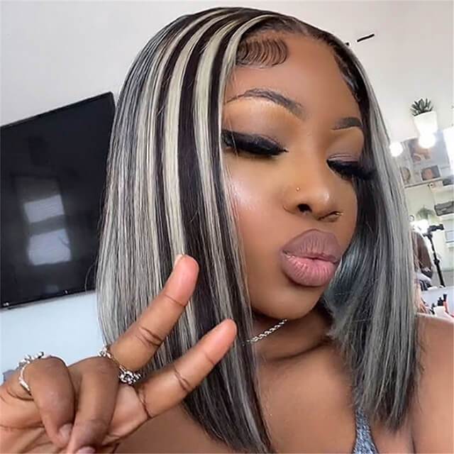 Platinum Blonde Highlights Transparent T Part Lace Frontal Wig Mix Color Wig 180% Density