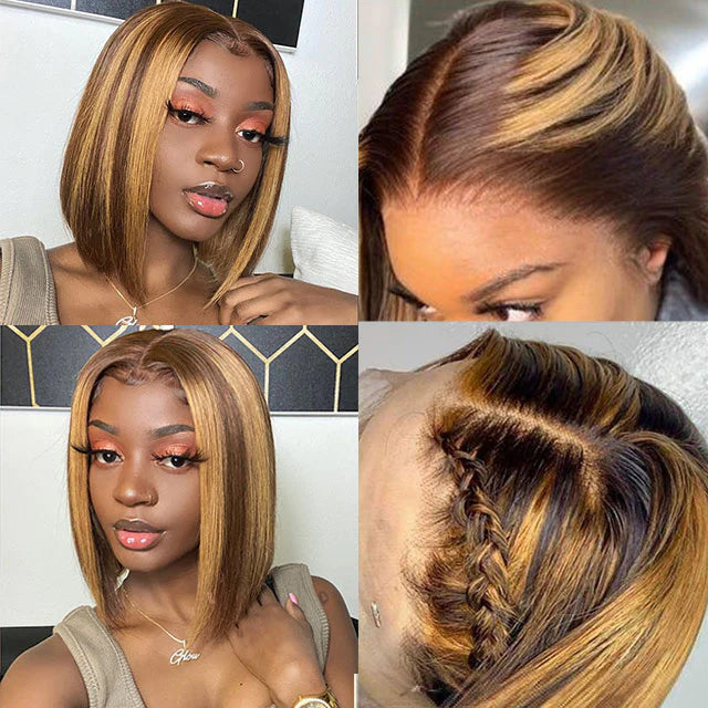 Rose Hair Honey Blonde Piano Highlights Color Straight Hair 4x4 Lace Bob Wig Human Hair Wig
