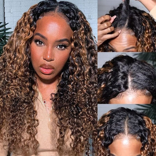 Ombre Balayage Colored Jerry Curly U/V Part Wigs Meets Real Scalp Glueless Wigs Beginner Friendly