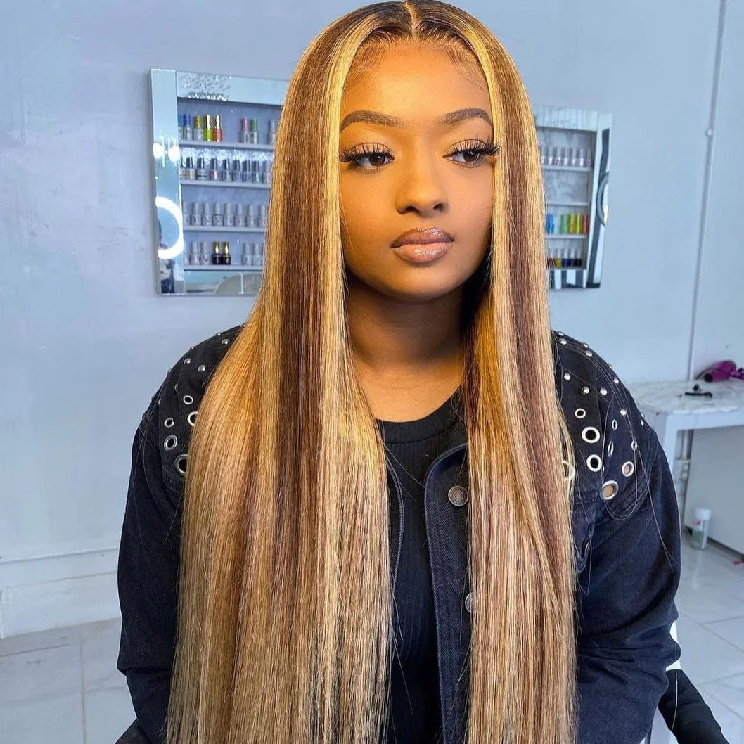 5x5 HD Lace Closure Straight Wig Honey Blonde Piano Highlights Human Hair Wigs
