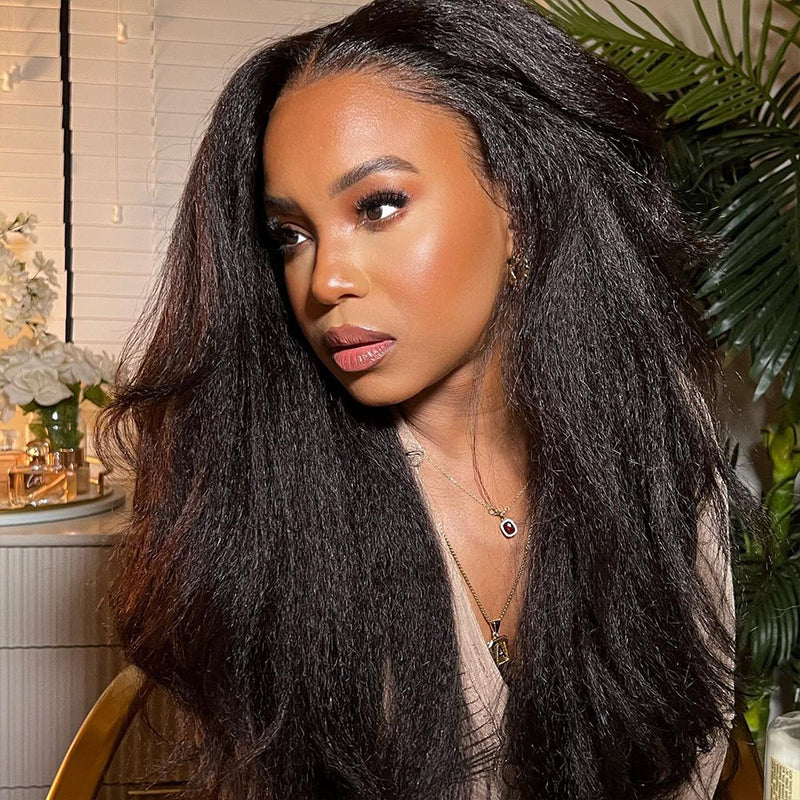Rose Hair 13x4 HD Lace Frontal Yaki Straight Human Hair Wigs Natural Black Free Part Wig