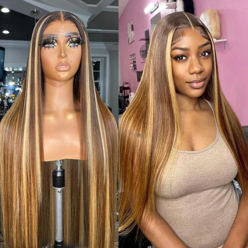 5x5 HD Lace Closure Straight Wig Honey Blonde Piano Highlights Human Hair Wigs