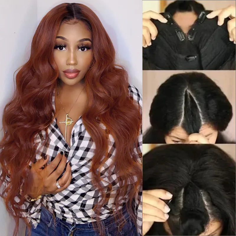 Reddish Brown Body Wave Human Hair V Part Wig With Dark Roots For Dark Skins