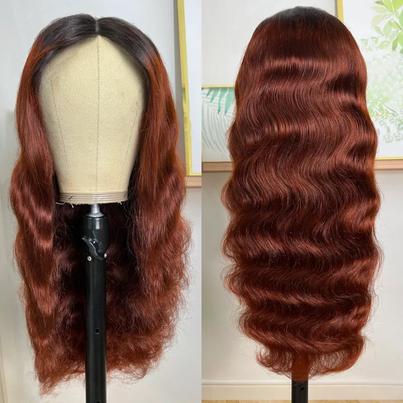 Reddish Brown Body Wave Human Hair V Part Wig With Dark Roots For Dark Rose Hair