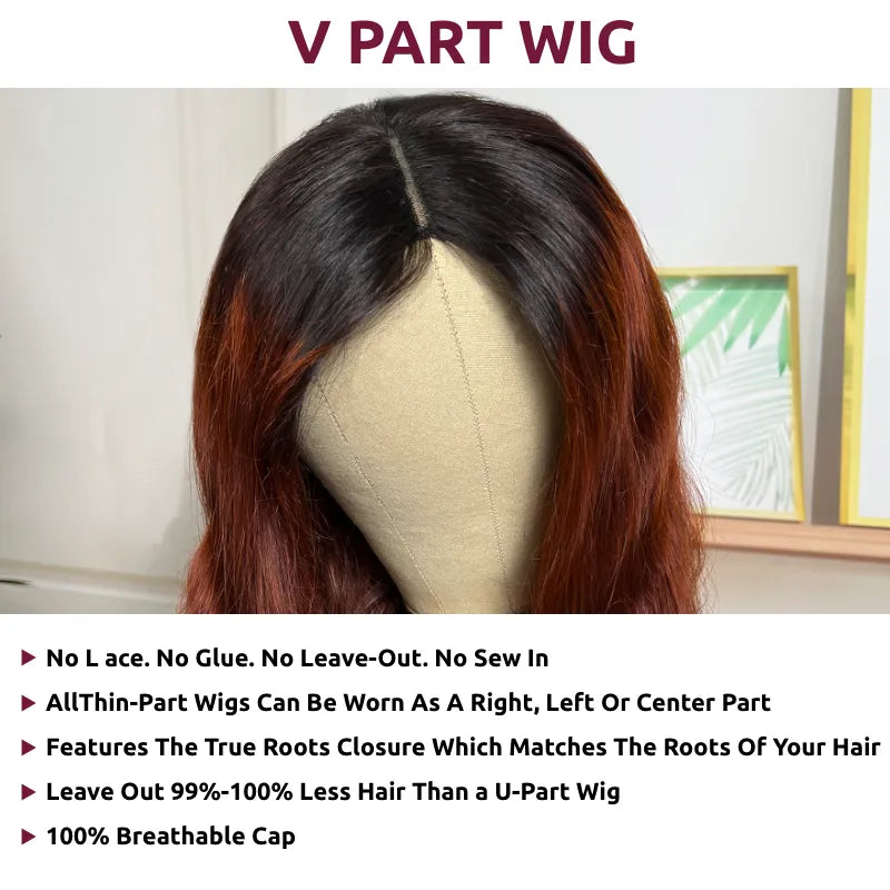 Reddish Brown Body Wave Human Hair V Part Wig With Dark Roots For Dark Skins