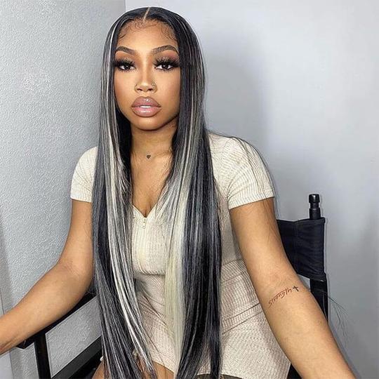 Platinum Blonde Highlights Transparent T Part Lace Frontal Wig Mix Color Wig 180% Density
