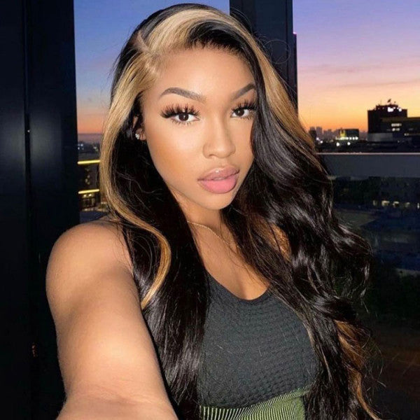 Skunk Stripe Hair Natural Body Wave Black Wig With Honey Blonde Highlights Lace Front Wigs(Tiktok Trend Hair)
