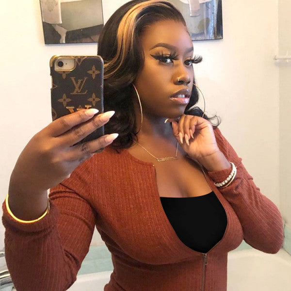 Highlight Bob Wigs Short Body Wave Bob Lace Front Wigs With Blonde Highlights In Front