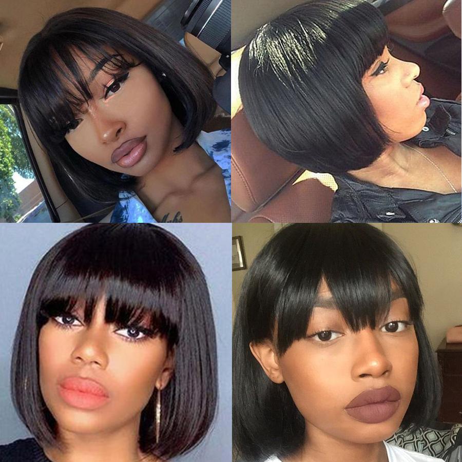 RoseHair 15A Brazilian Straight Hair Human Hair Wig Bob Wig With Free Part Bangs Machine Made Glueless Breathable Wig Supper Soft Affordable - Rose Hair