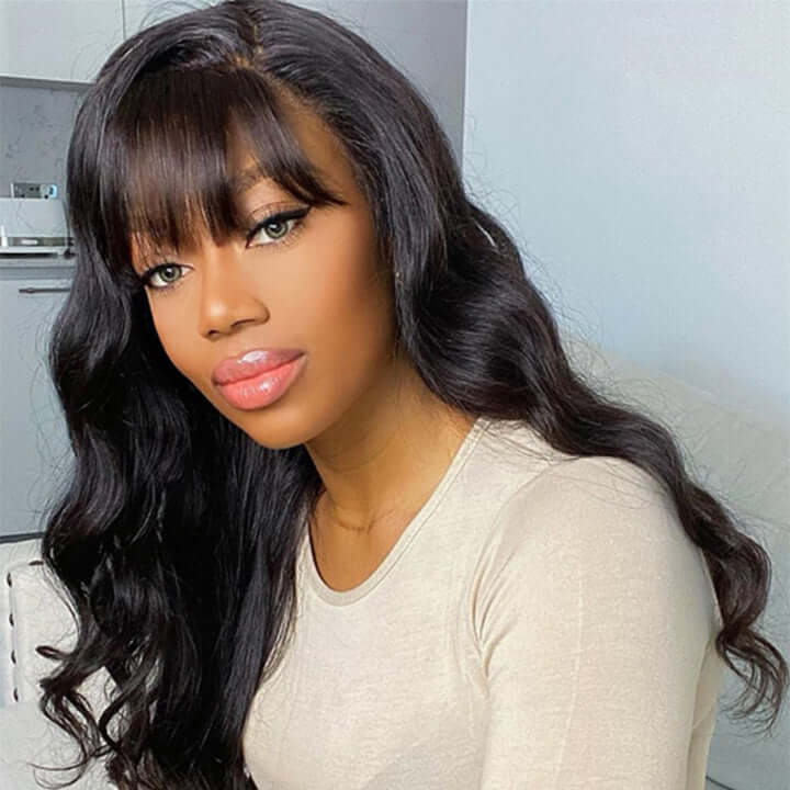 Rose Hair Body Wave 5×5 13×4 Glueless Lace Wig With Bangs Human Hair 150% Density