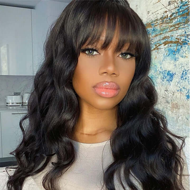 Rose Hair Body Wave 5×5 13×4 Glueless Lace Wig With Bangs Human Hair 150% Density