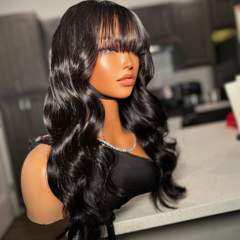 Rose Hair Body Wave 5×5 13×4 Glueless Lace Wig With Bangs Human Hair 150% Density
