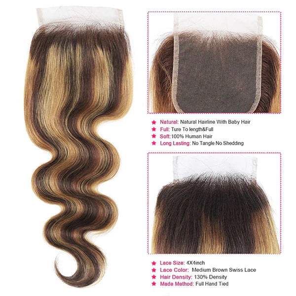 Highlight Honey Blonde Hair with Closure Brazilian Body Wave Human Hair 3 Bundles with 4x4 Lace Closure P4/27
