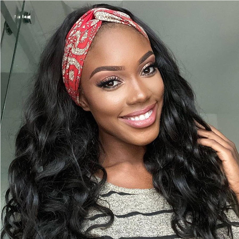 RoseHair Body Wave Headband Wig Glueless Human Hair Wig With Pre-attached Scarf Half Wig 150% Density - Rose Hair