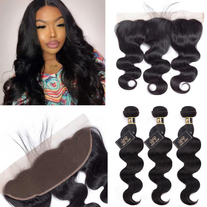 10A Grade Body Wave Pre Plucked 13x4 Ear to Ear Lace Frontal with 3 Bundles Best Brazilian Virgin Hair - Rose Hair
