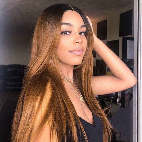 Rose Hair Ombre Hair 1B/28 Brown With Dark Roots Straight Layered Hair Lace Wigs