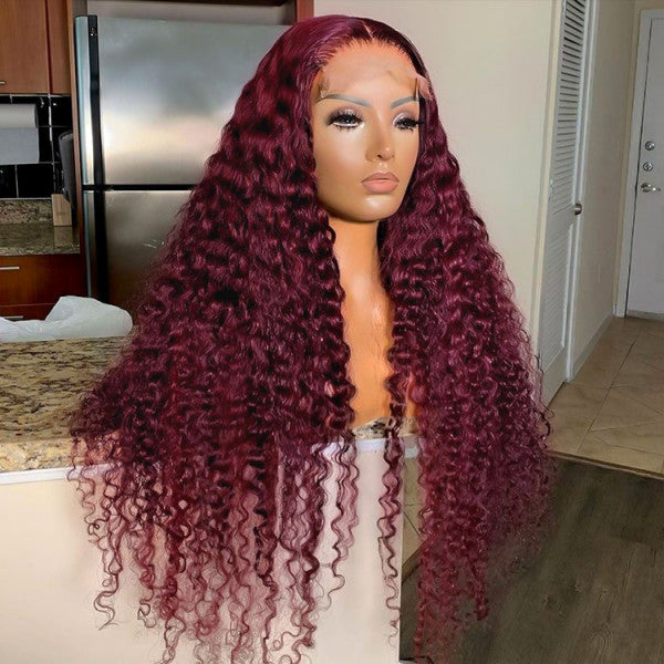 RoseHair 13*4 Lace Frontal Deep Wave Wig Burgundy Red Color Human Virgin Hair