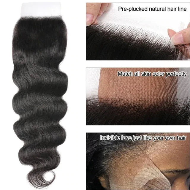 Buy 3 Bundles with 4x4 Transparent Lace Closure Get Extra 1 Free Bundle Human Hair Straight Body Wave Hair