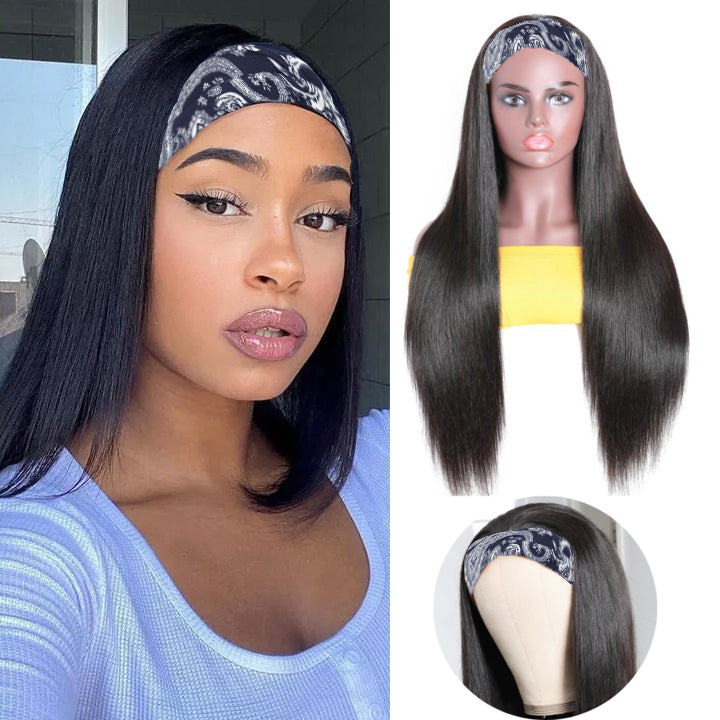 RoseHair Straight Hair Headband Wig Glueless Human Hair Wig With Pre-attached Scarf Half Wig 150% Density - Rose Hair
