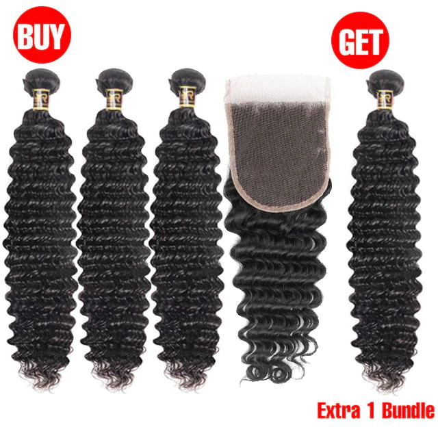 Buy 3 Bundles with 4x4 Transparent Lace Closure Get Extra 1 Free Bundle Human Hair Straight Body Wave Hair