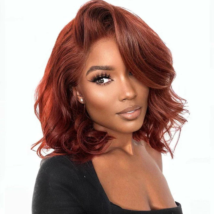 Rose Hair Reddish Brown Elegant New Body Wave Barrels Curls 5x5 13x4 HD Lace Short Wigs