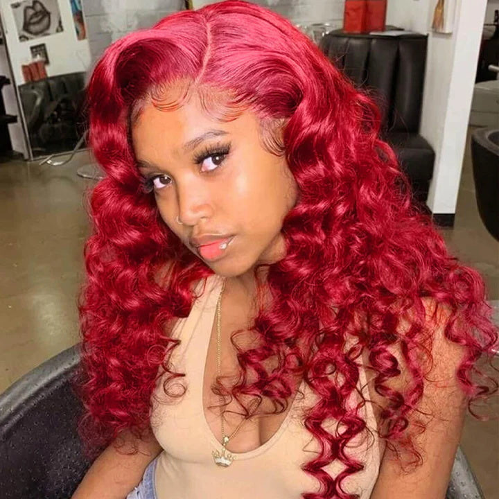 Gorgeous Red Color Loose Deep Wave Hair Undetectable 5x5 13x4 Lace Wigs 180% Density