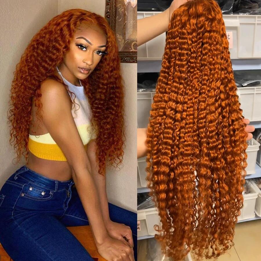 Fashion Ginger Orange Color Deep Curly 13x6 Transparent Lace Frontal Wigs 180% Density
