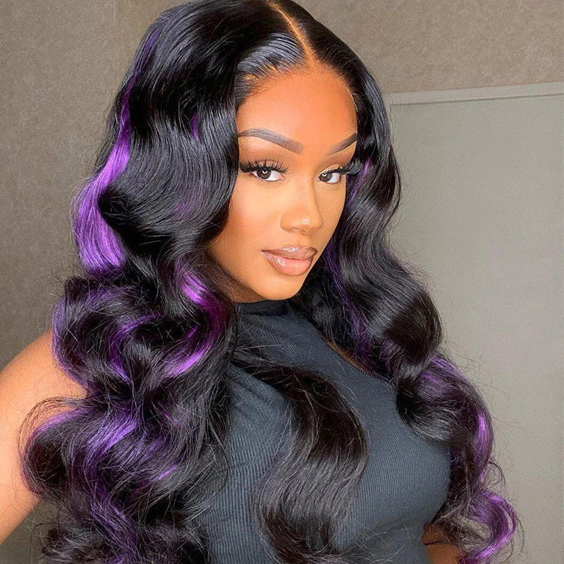 Long Peekaboo Purple Color Body Wave 13x4 Lace Front Wigs 100% Human Hair For Black Women