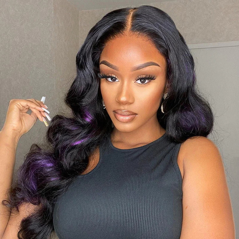 Long Peekaboo Purple Color Body Wave 13x4 Lace Front Wigs 100% Human Hair For Black Women